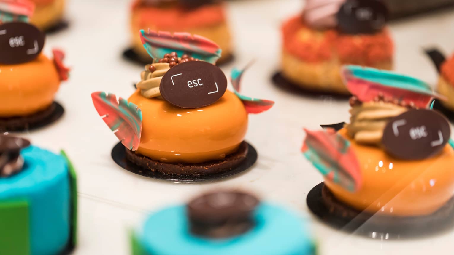 Colourful chocolate-dipped pastries decorated with icing feathers, company logos