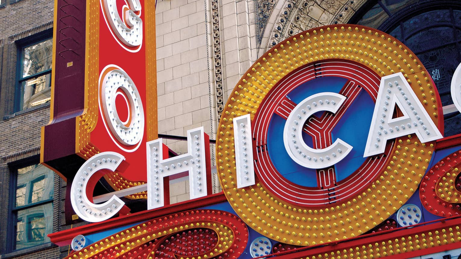 The Chicago Theatre sign, covered in small multicolored lights