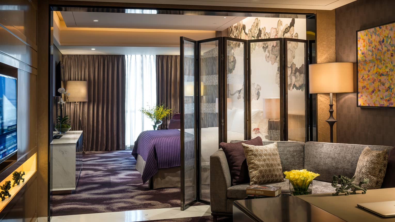 Four Seasons room sofa, lamp across from TV, bed behind folding room divider