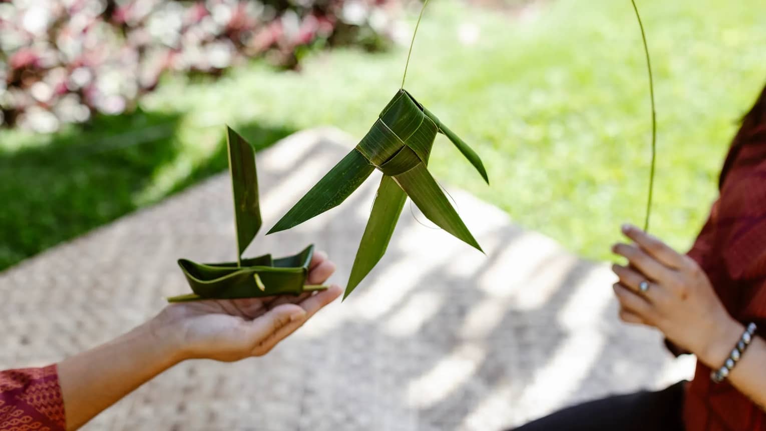 Palm leaf weaving outdoors
