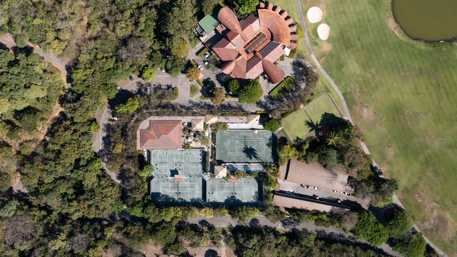 A view of the tap house from above, with red and blue coloured roofs and a full forest of trees.