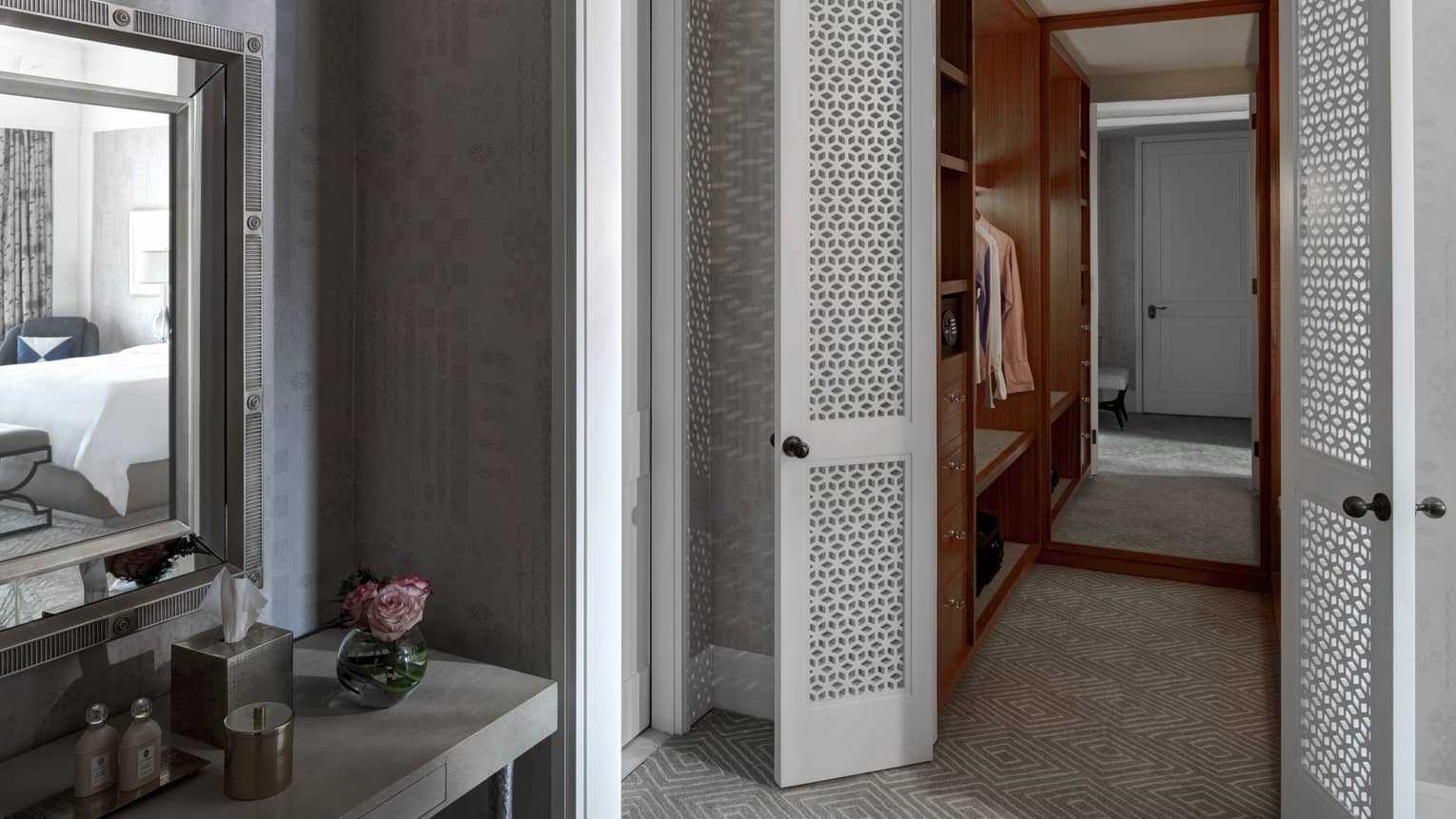 Bathroom with doors opening to walk-in closet