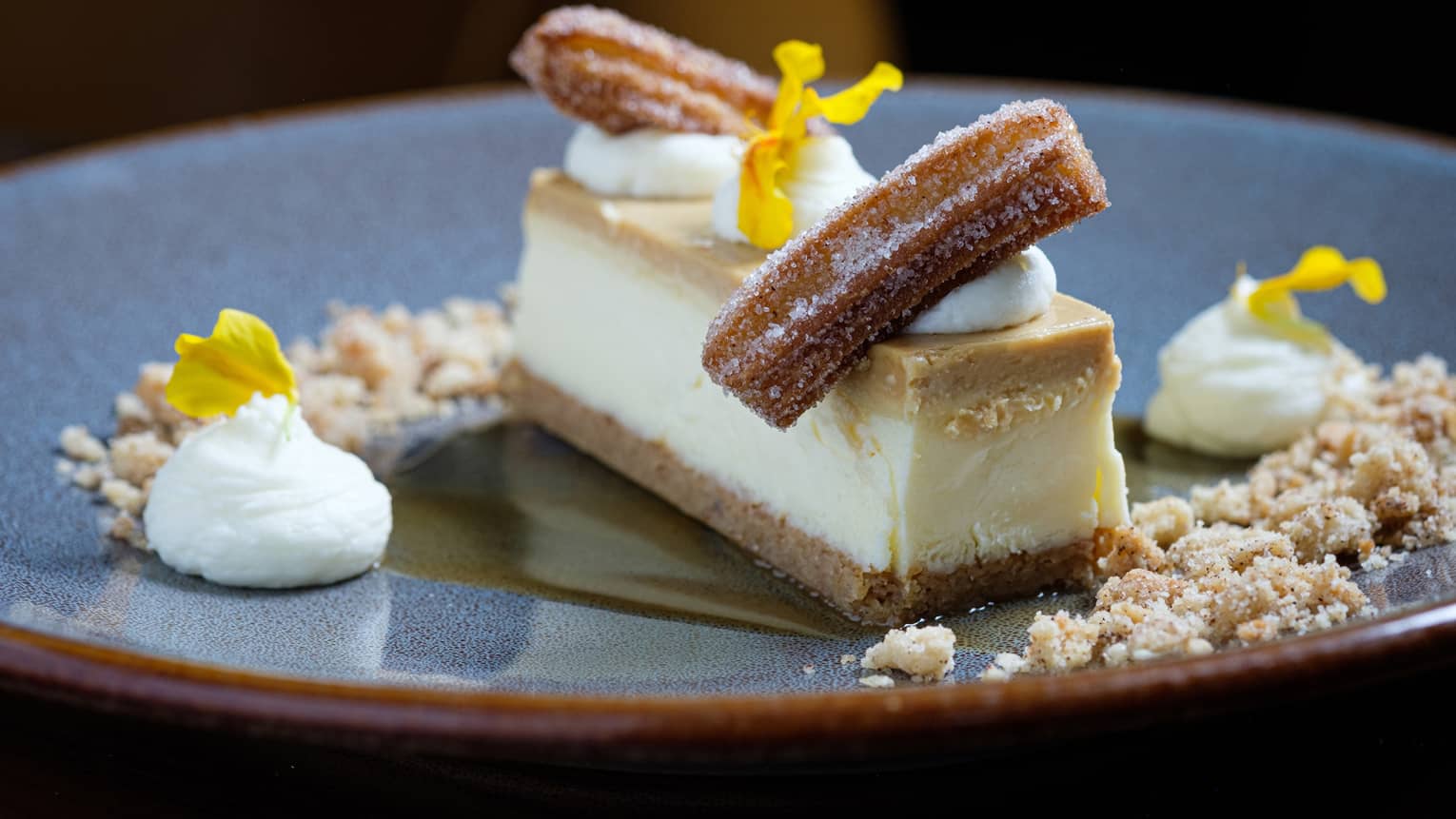 Cheesecake with two small churros on top.