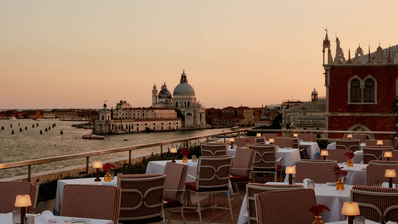 Outdoor terrace of restaurant on the water in Venice