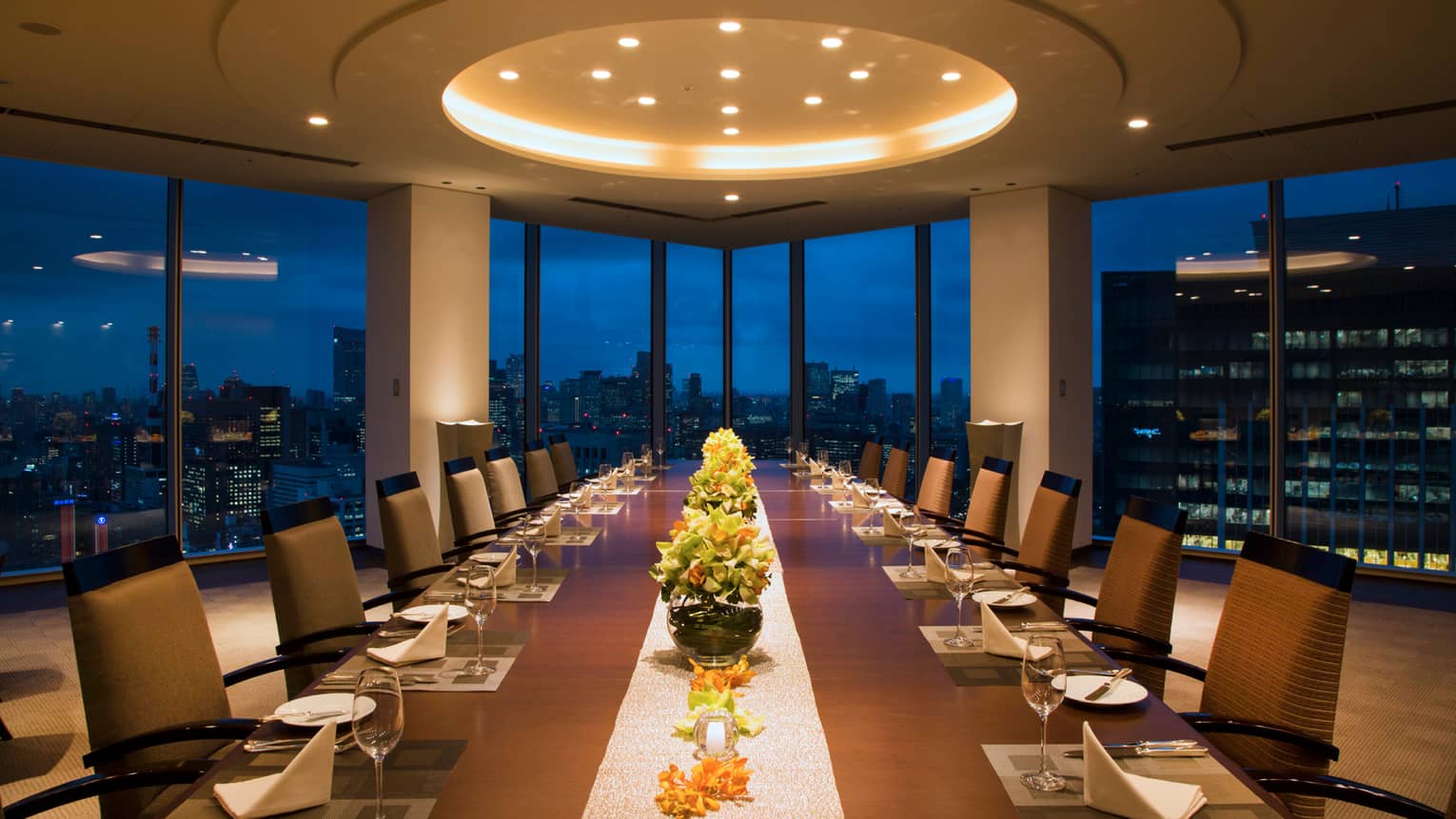 Long Executive Dining Room table under dome ceiling with lights, city lights through window
