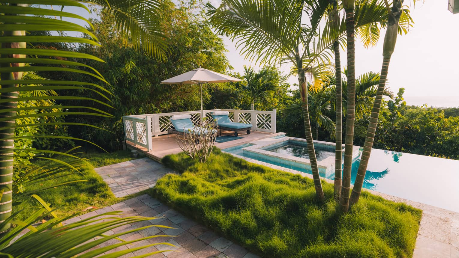 Rectangular pool with built-in square hot tub, two lounge chairs, palm trees