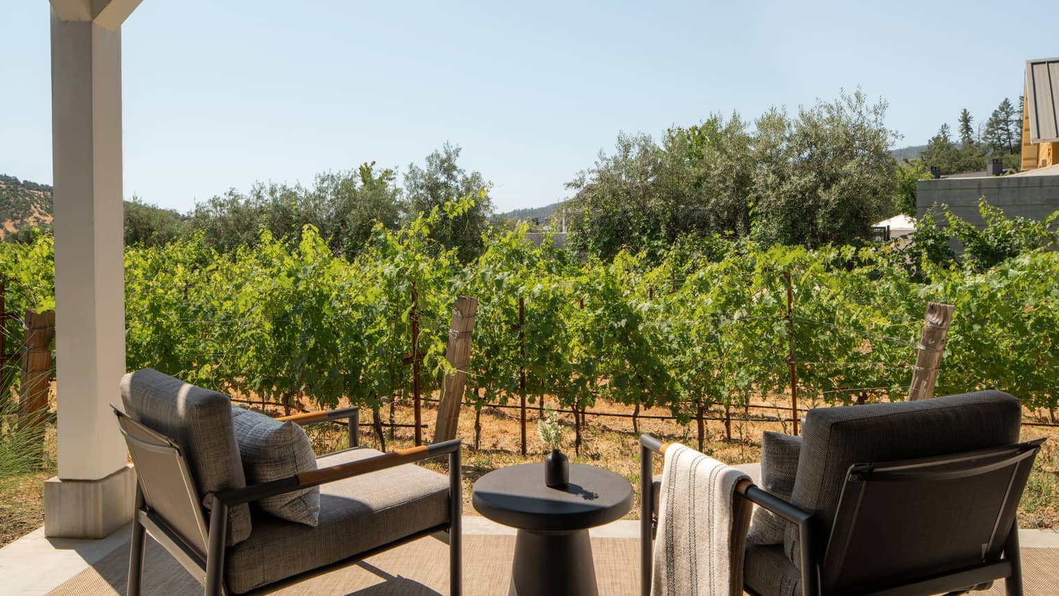 Covered patio with two chairs and small table, overlooking vineyard and resort