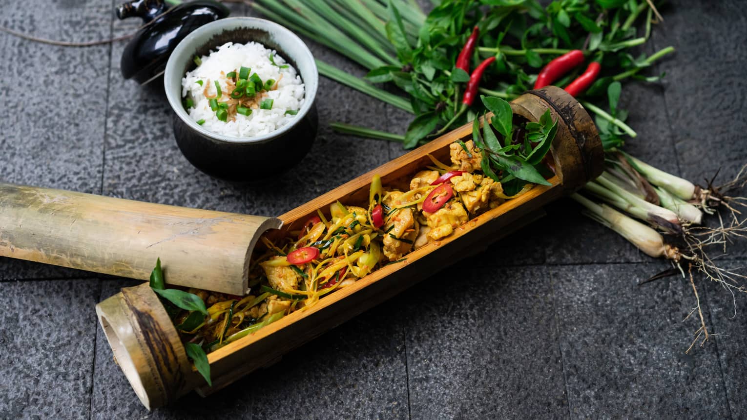 Bamboo chicken with lime leaves, lemongrass and ginger