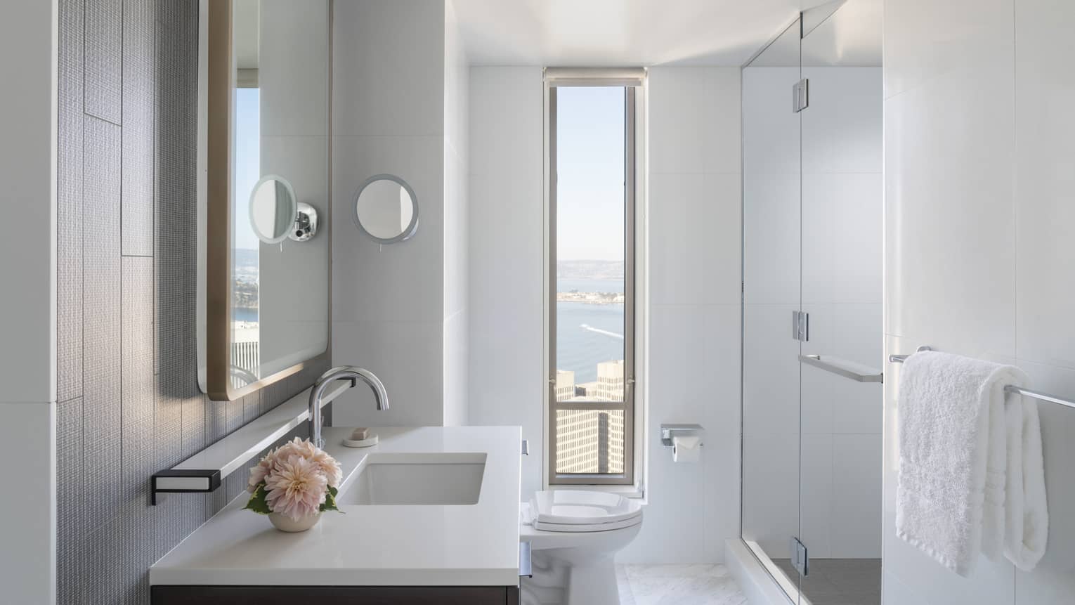 White bathroom with walk-in shower, long and narrow window, white vanity