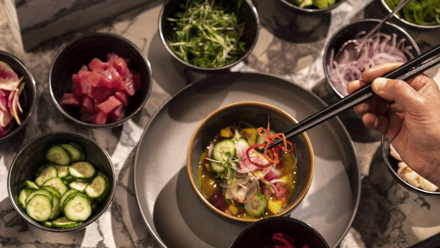 An assortment of ingredients for a salad.