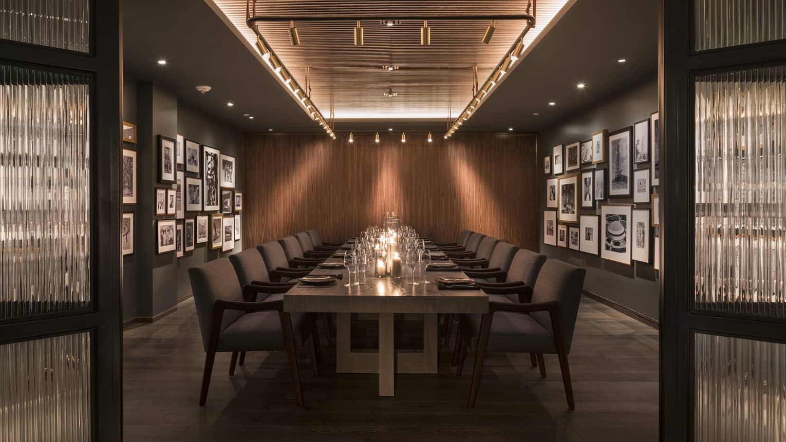 A long rectangular table in a dimly lit room.