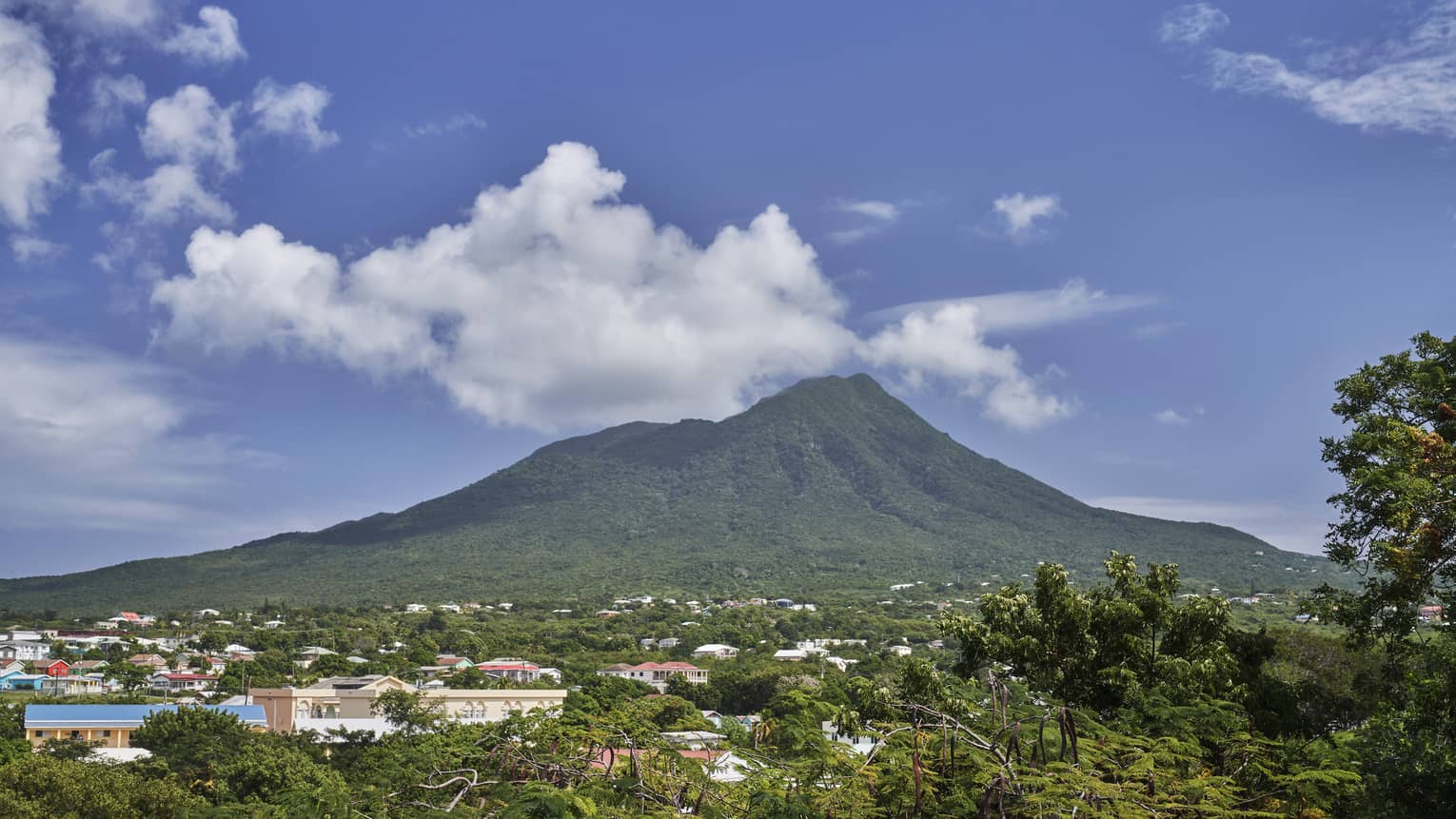 A large mountain in the background of a forested area with buildings poking out of the trees.