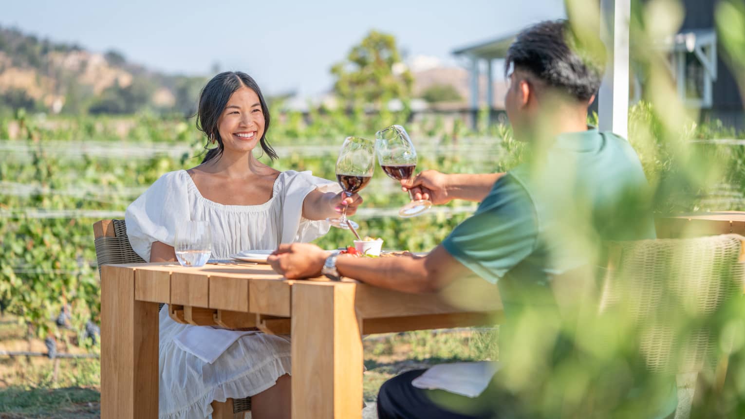 Two people sitting at an outdoor table in a vineyard, toasting with glasses of red wine, with greenery and hills in the background.