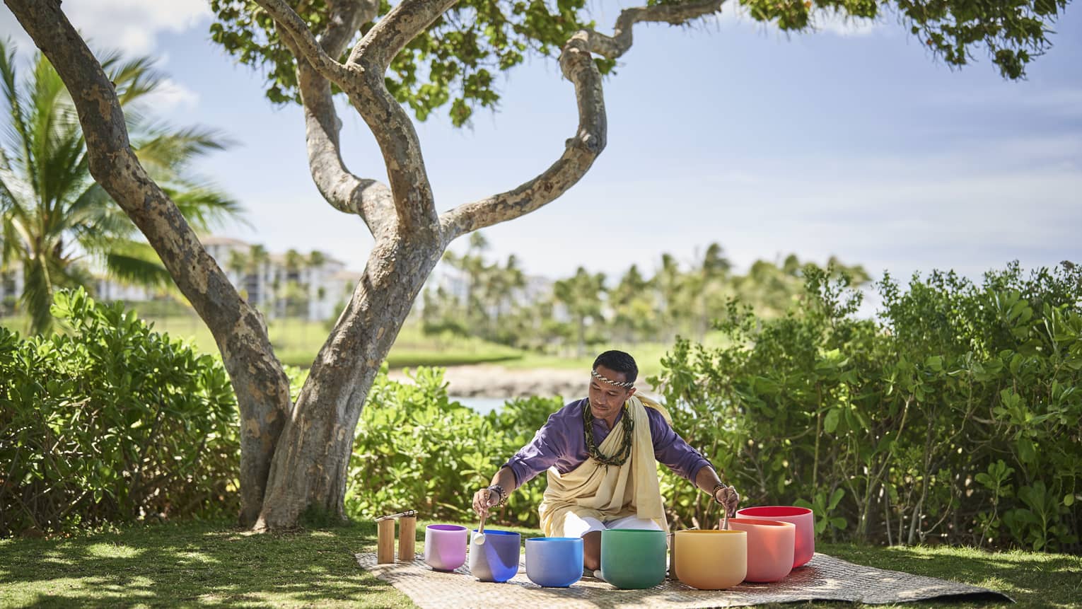 A man sits beneath a tree encircled by singing bowls of varying sizes and colours
