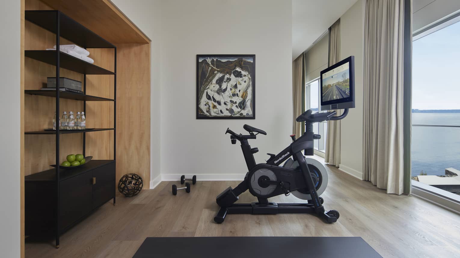 Private fitness room with bike and wall of windows