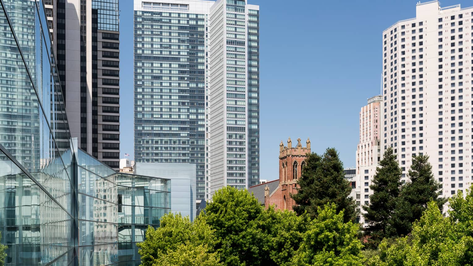 Outdoor view of tall buildings in San Francisco's Yerba Buena neighbourhood on sunny day