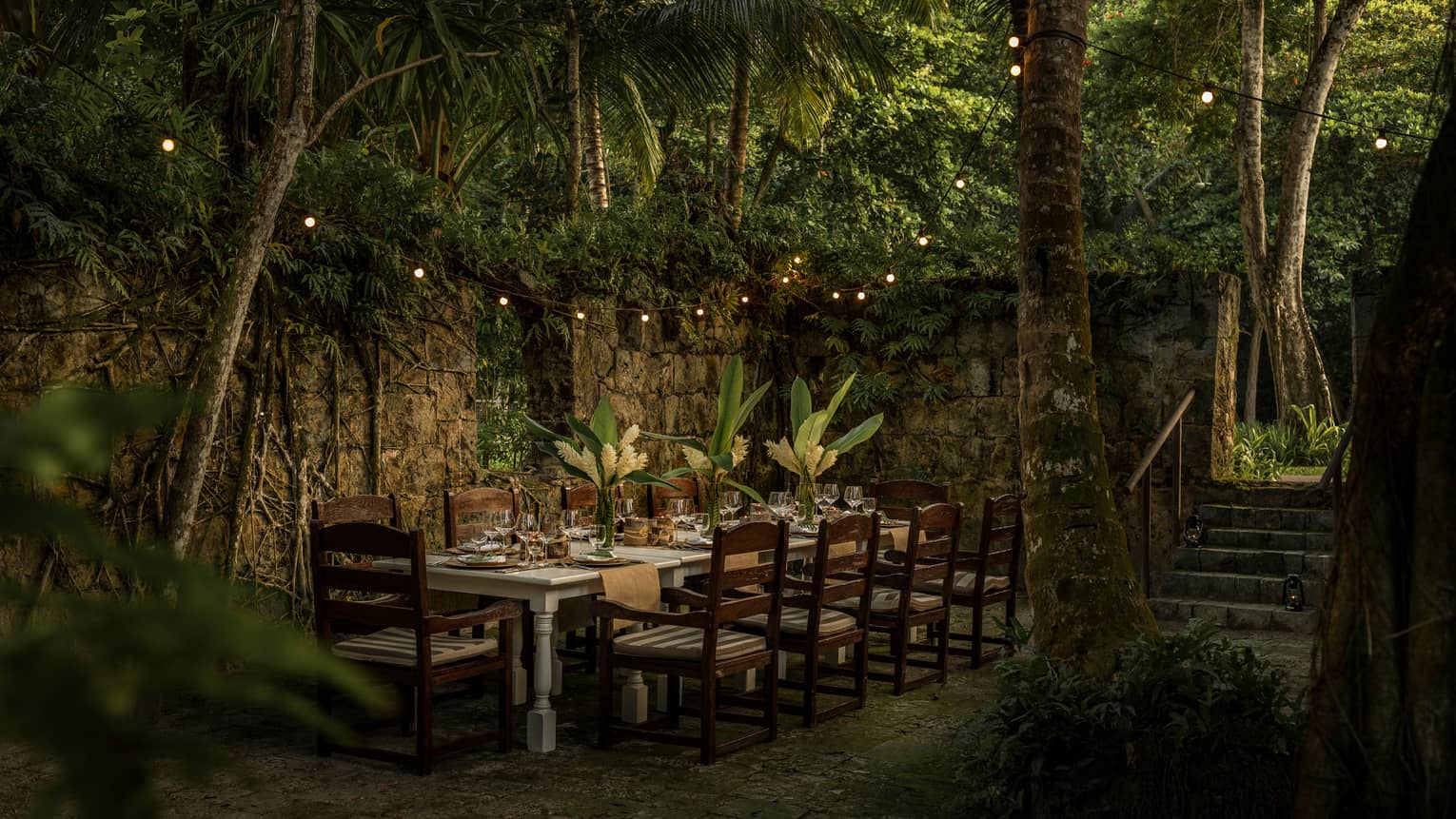 Wooden table with chairs outdoors surrounded by greenery and fairy lights at night