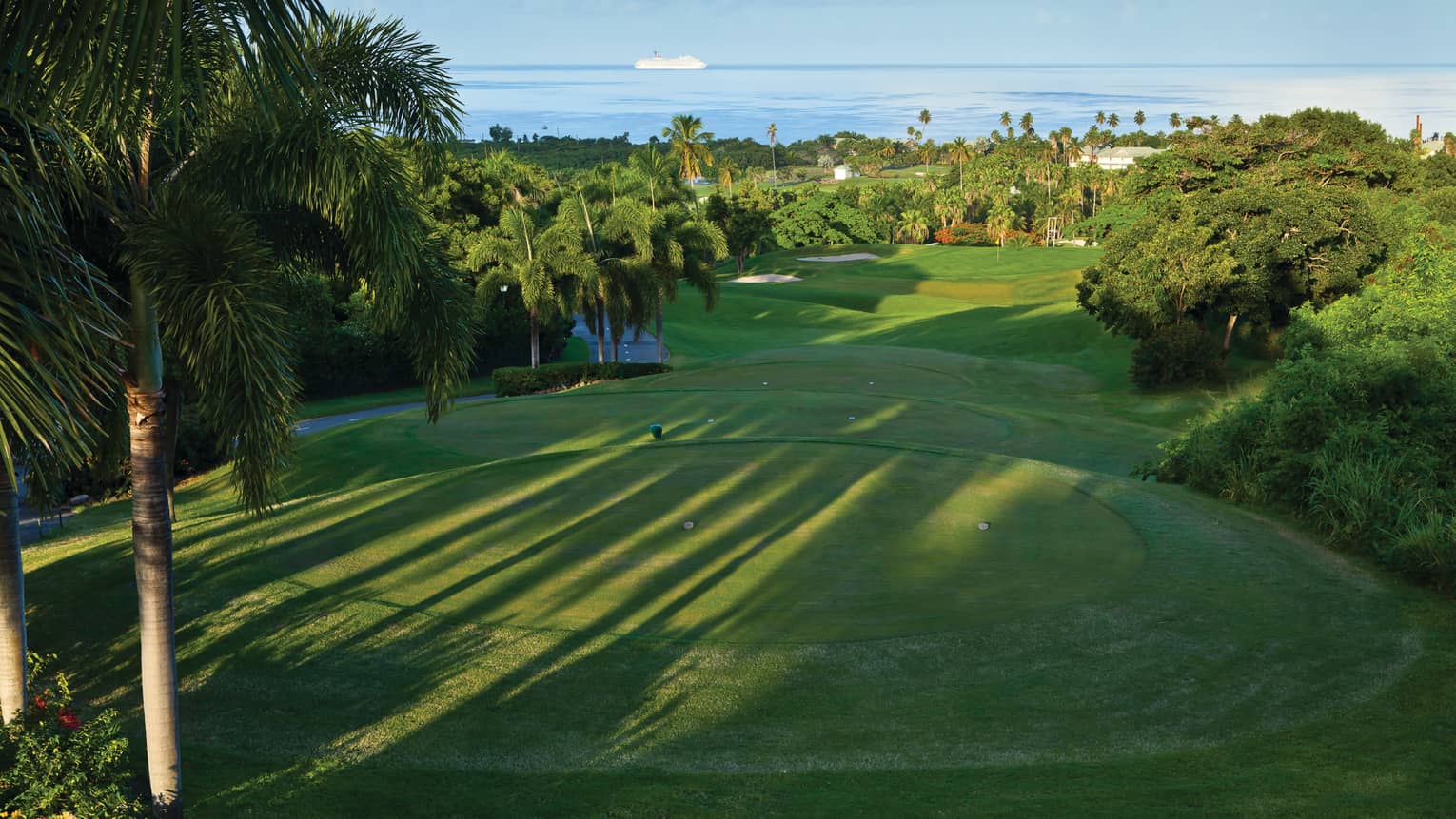 Looking down over golf course greens surrounded by tropical trees, palms