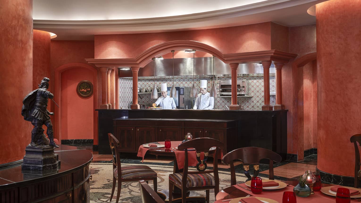 Stefano's Restaurant open kitchen with red accents