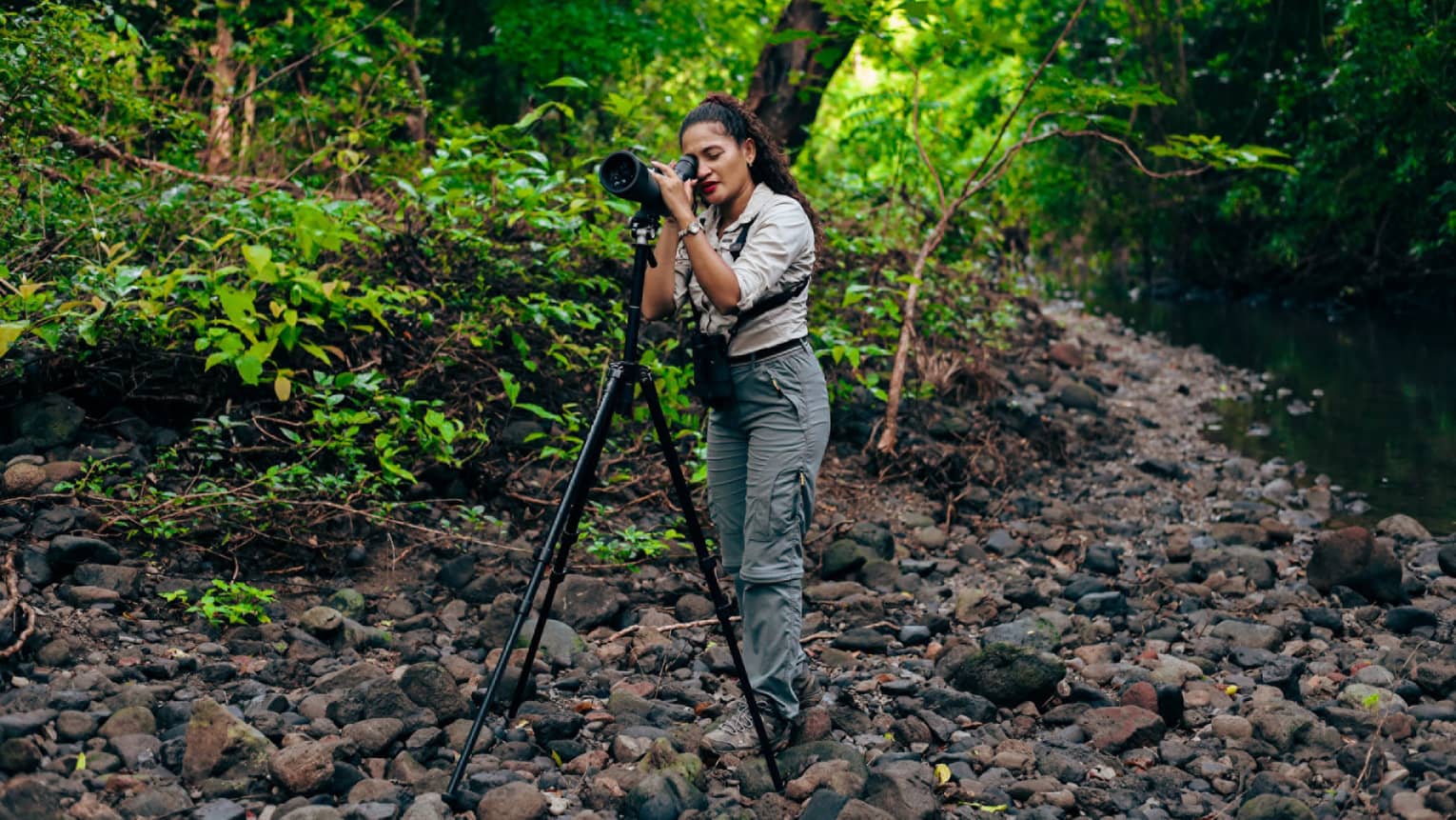 A photographer standing in a rocky area surrounded by lush foliage looks through the lens of a camera on a tripod.