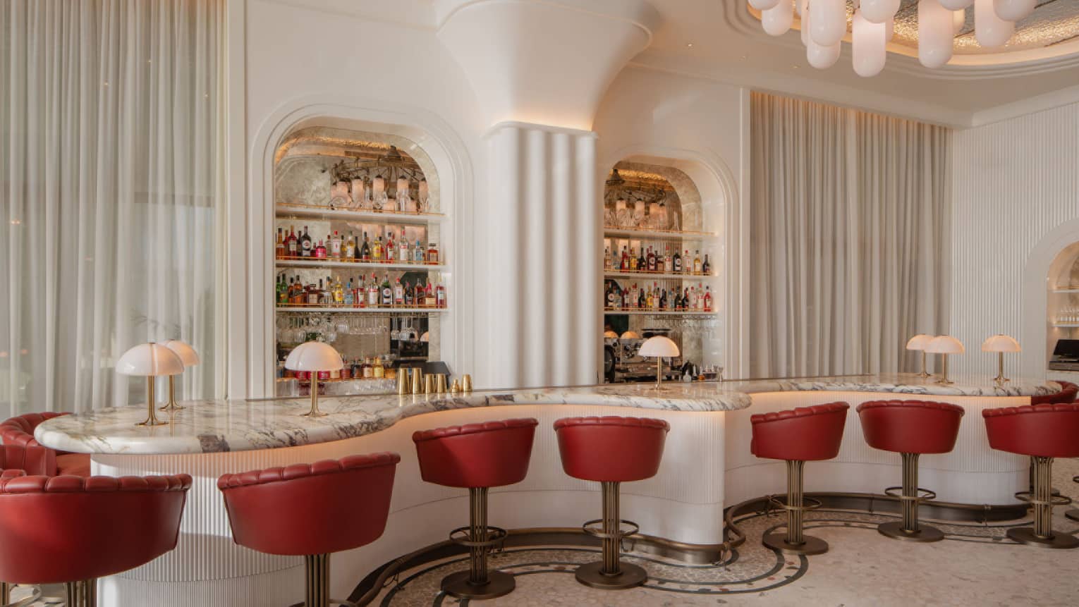 Curved bar with red leather seats