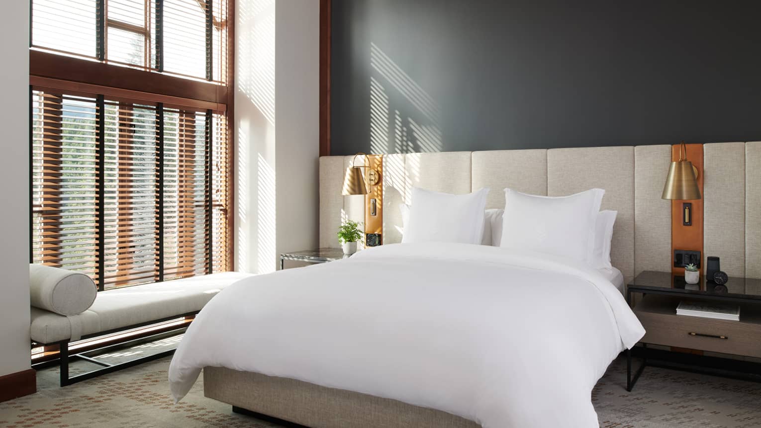 High-ceilinged bedroom with a wall of windows, a queen bed and a tufted wall headboard