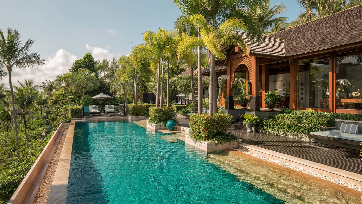 Private residence surrounded by palm trees with rectangular pool and foliage