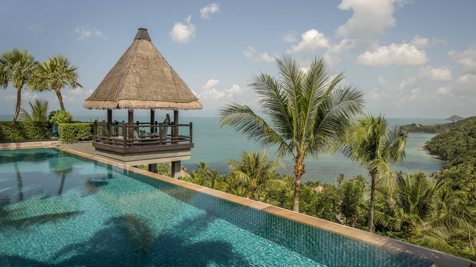 Thatched-roof pavilion at edge of outdoor swimming pool overlooking tropical trees, mountain, ocean
