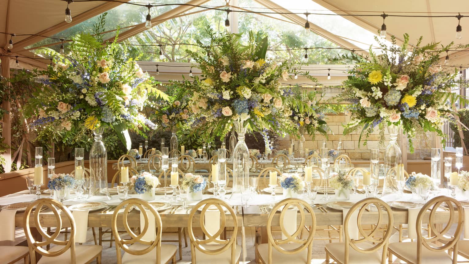 Outdoor venue with large yellow floral bouquets.