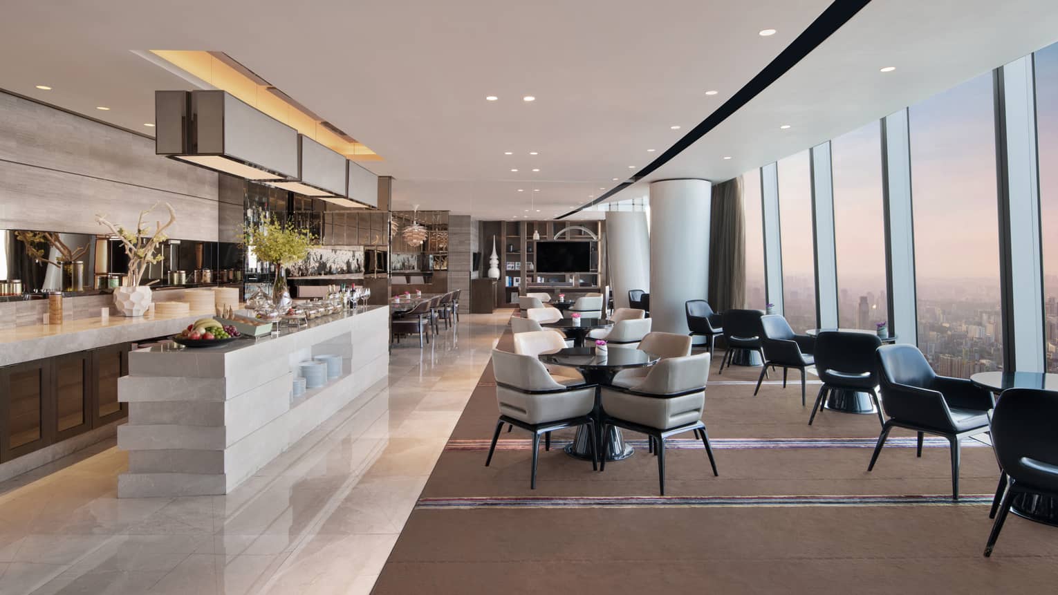 Executive Club Lounge with floor-to-ceiling windows and marble countertops