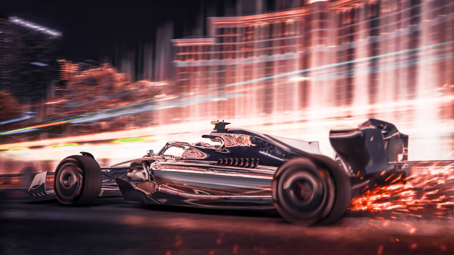 A race car driving quickly near a building.