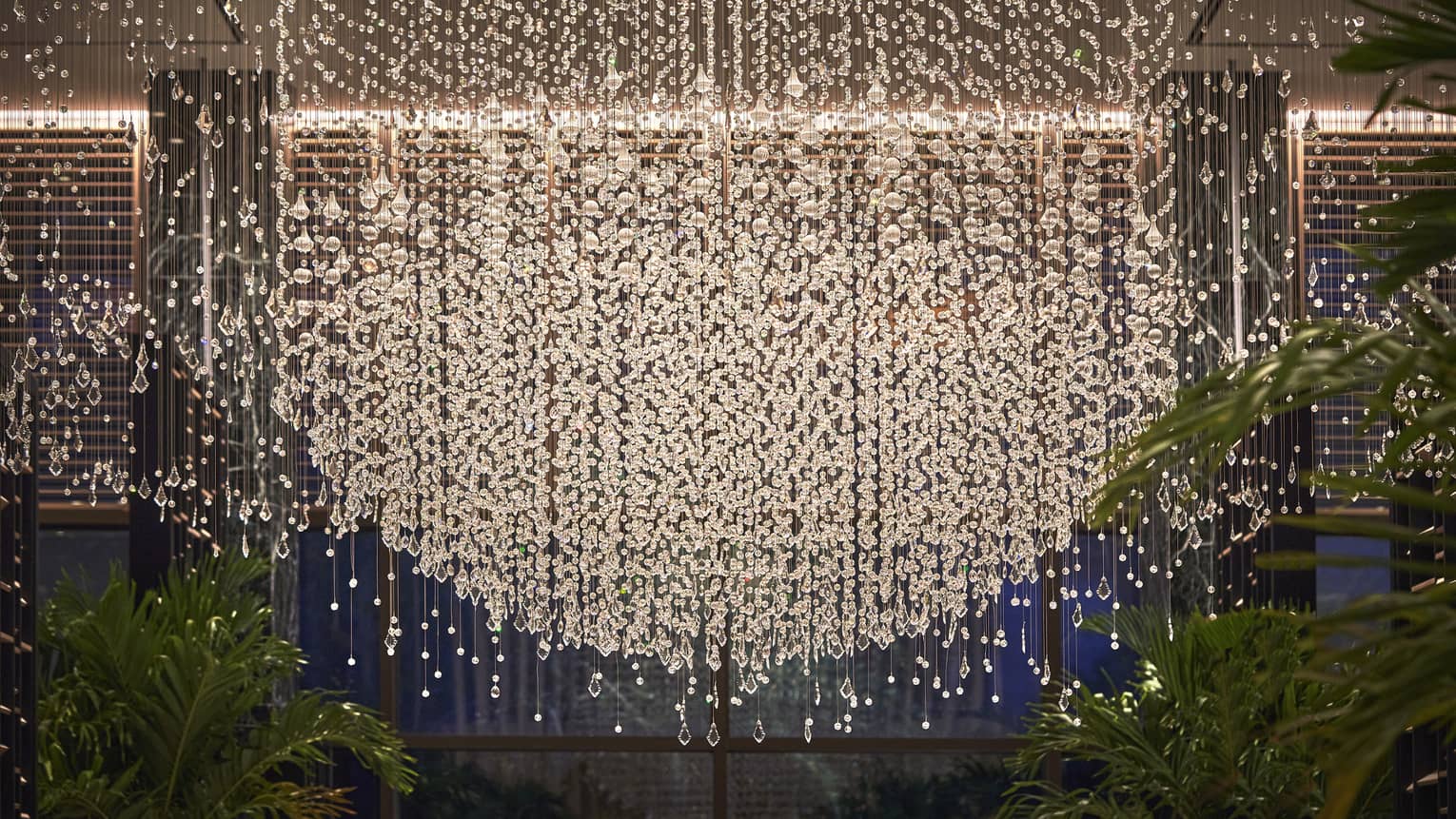 A huge crystal chandelier formed by hanging crystals