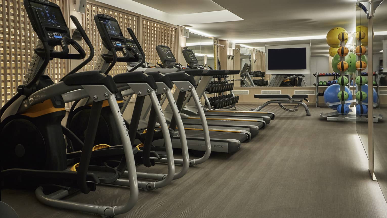 Row of cardio machines in fitness room with wood floor, colourful pilates balls on rack in background