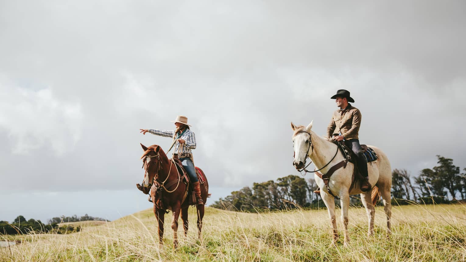 A couple riding horses, looking out at the long grass fields, with grassy hills and trees in the distance on a cloudy day.