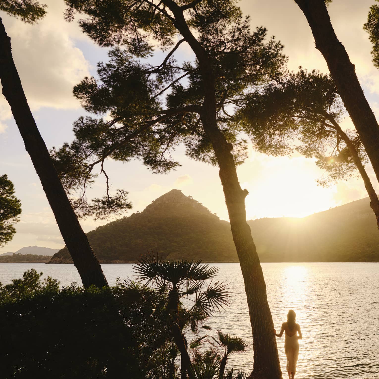 Silhouetted by the sun dipping behind a mountain, a guest stands at the edge of rippling water framed by tall leaning trees.