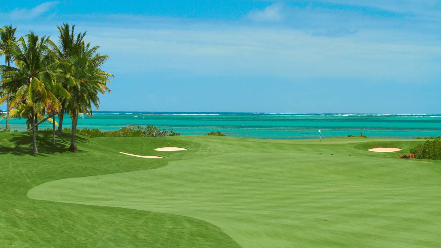 Golf course green, palm trees, turquoise ocean in background