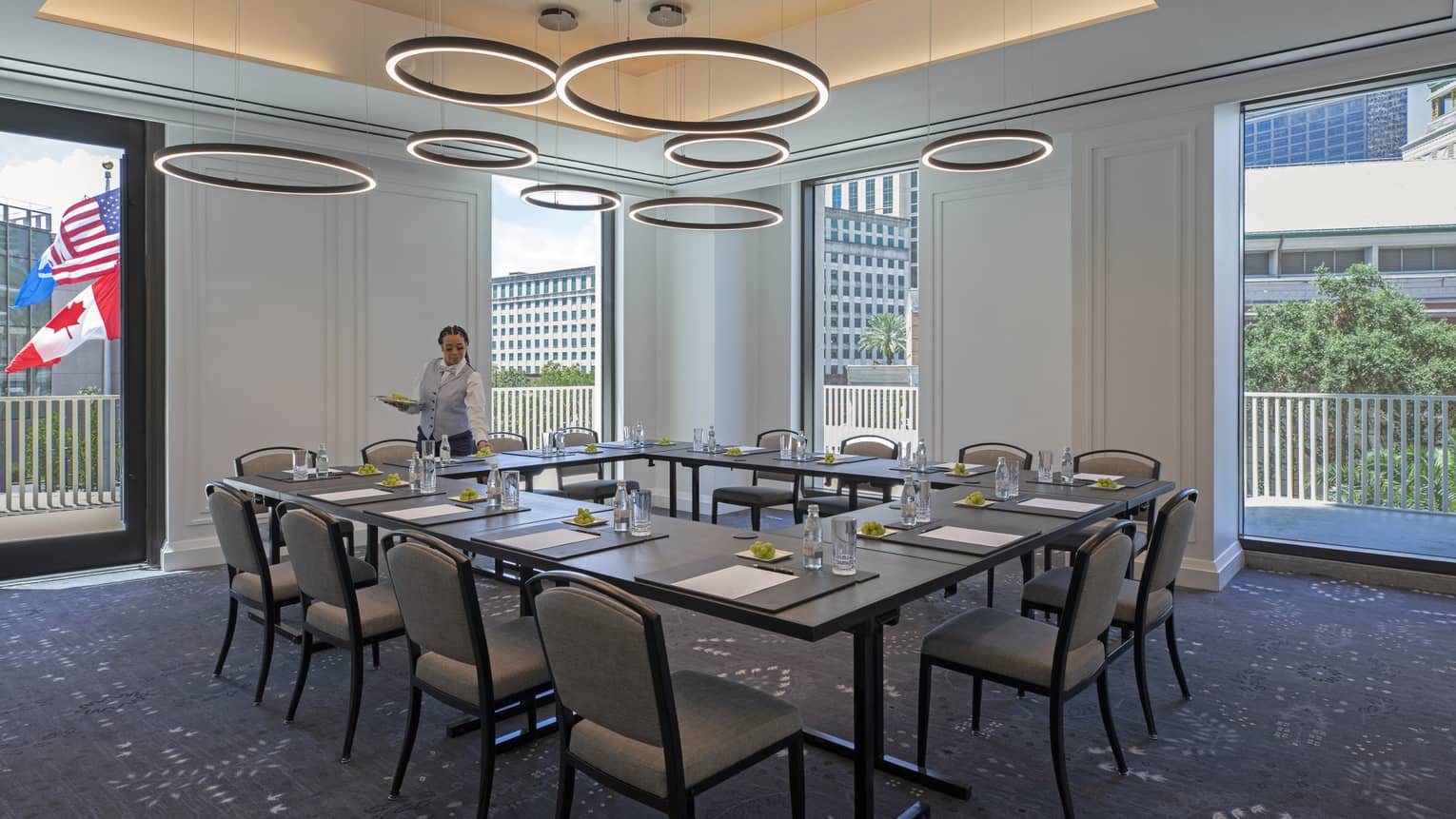Meeting room with u-shaped table set for twelve, floor-to-ceiling windows, natural light, circular hanging decor