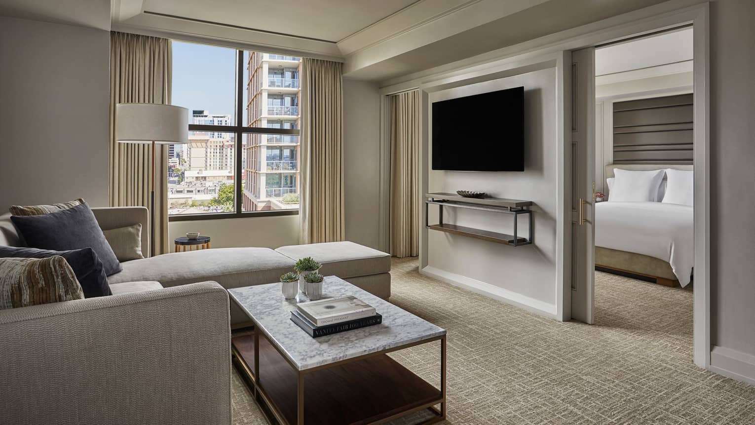 City View Executive Suite living room, window, TV on wall dividing bedroom