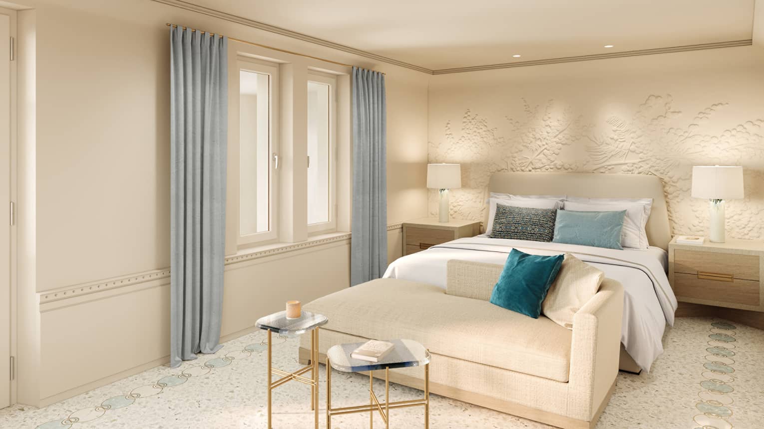 Bedroom with cream-coloured walls and chaise at the end of the bed, blue curtains