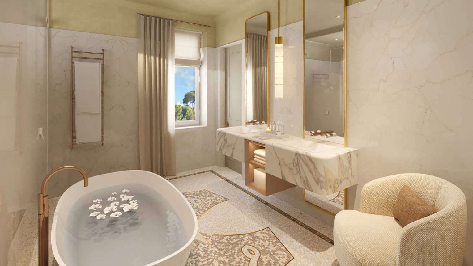 Marble bathroom with two separate vanity mirrors, arm chair and free-standing tub