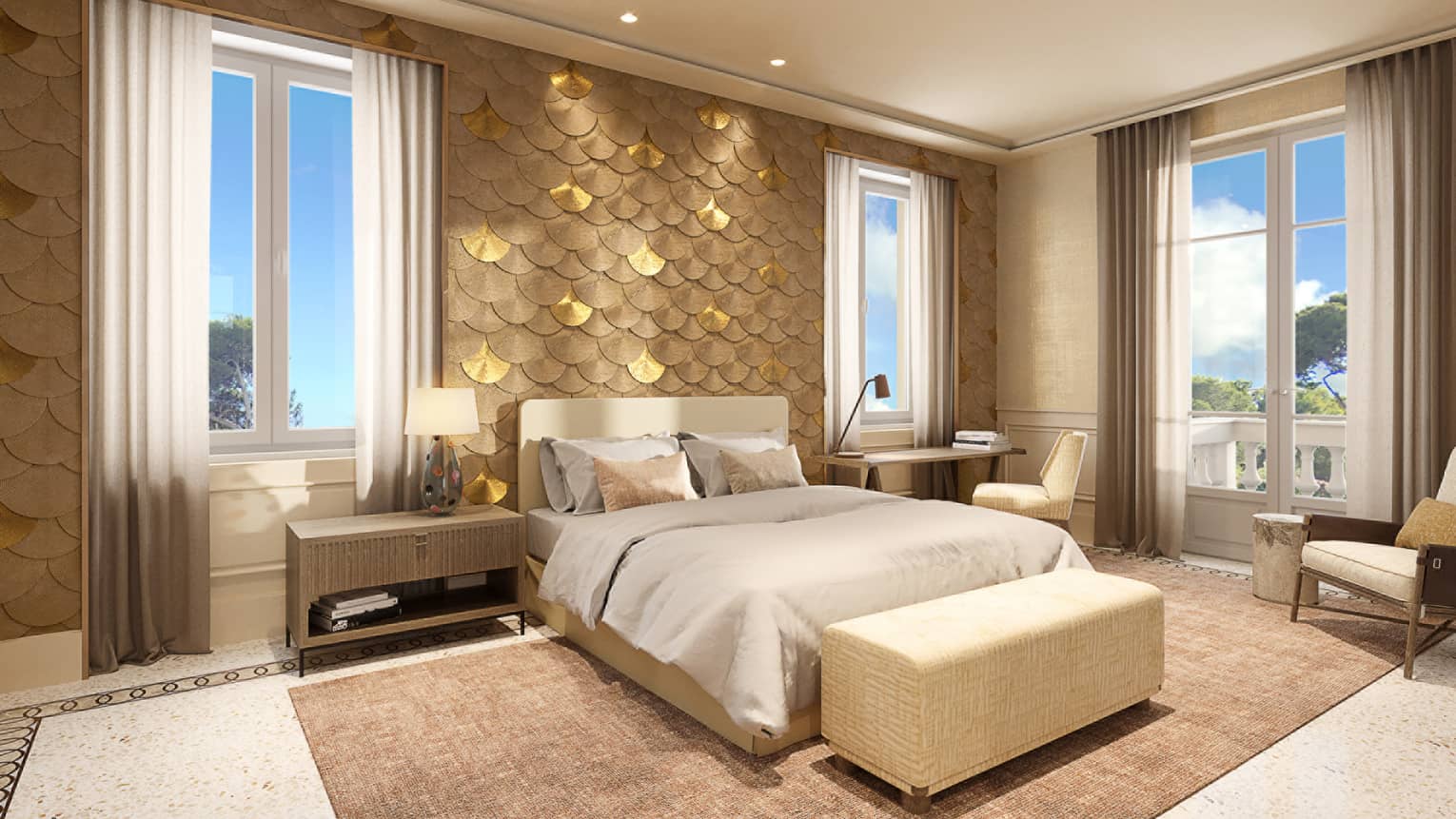 Bedroom with king bed, gold tiled wall, jute rug and windows