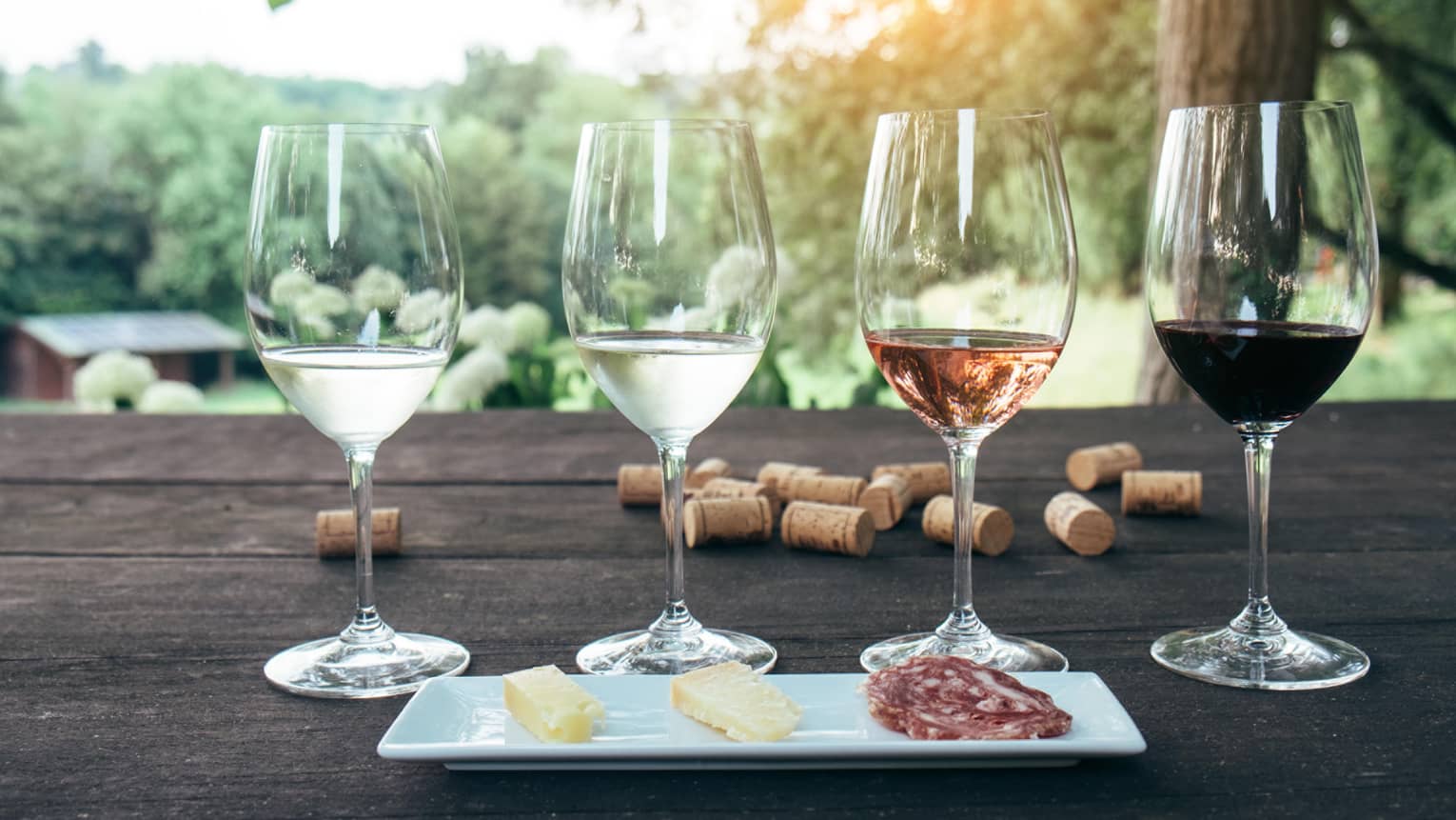 Tasting glasses of white, rose and red wine in row behind cheese platter on patio table, corks