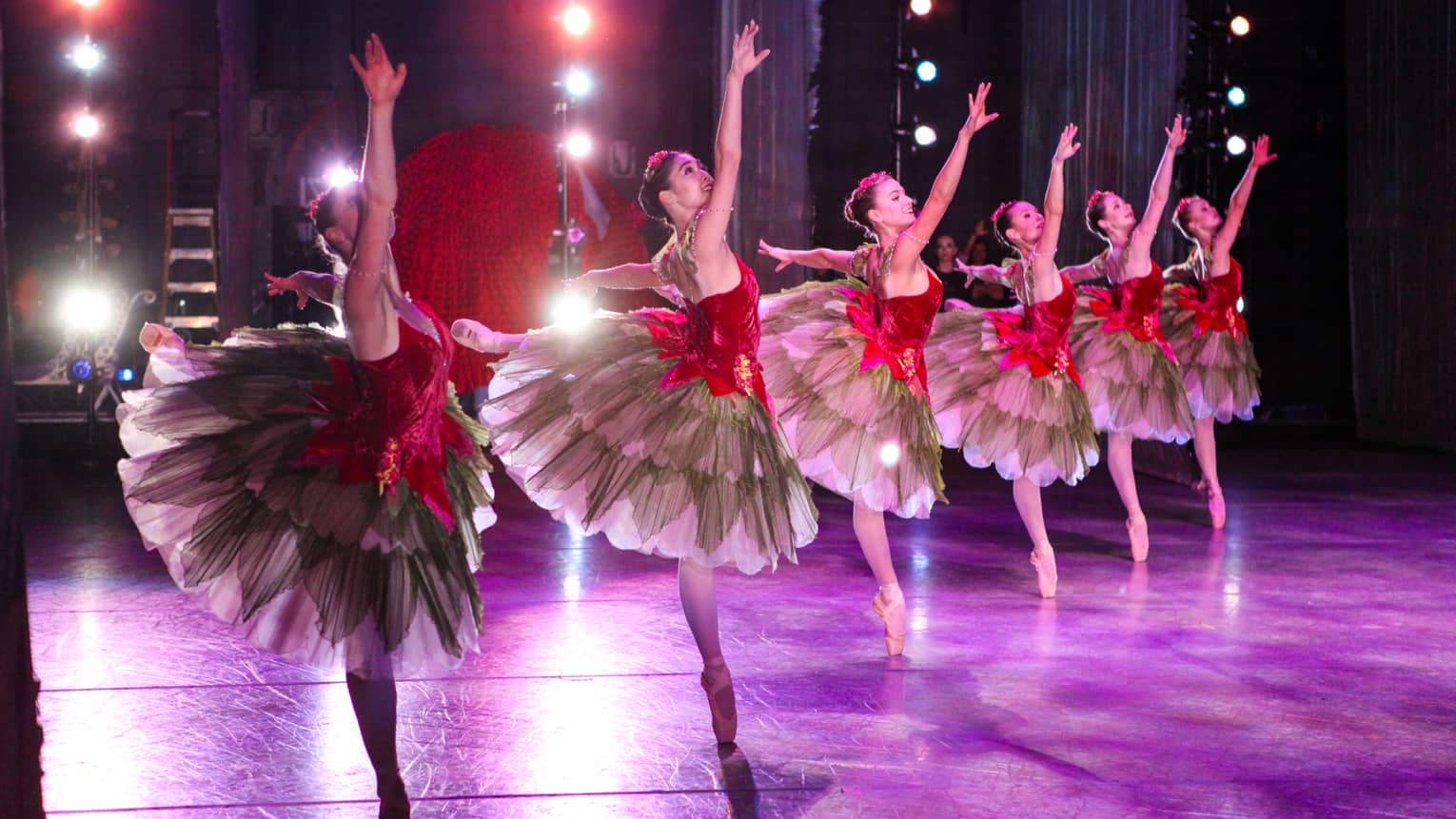 Ballet point dancers on stage in a diagonal row