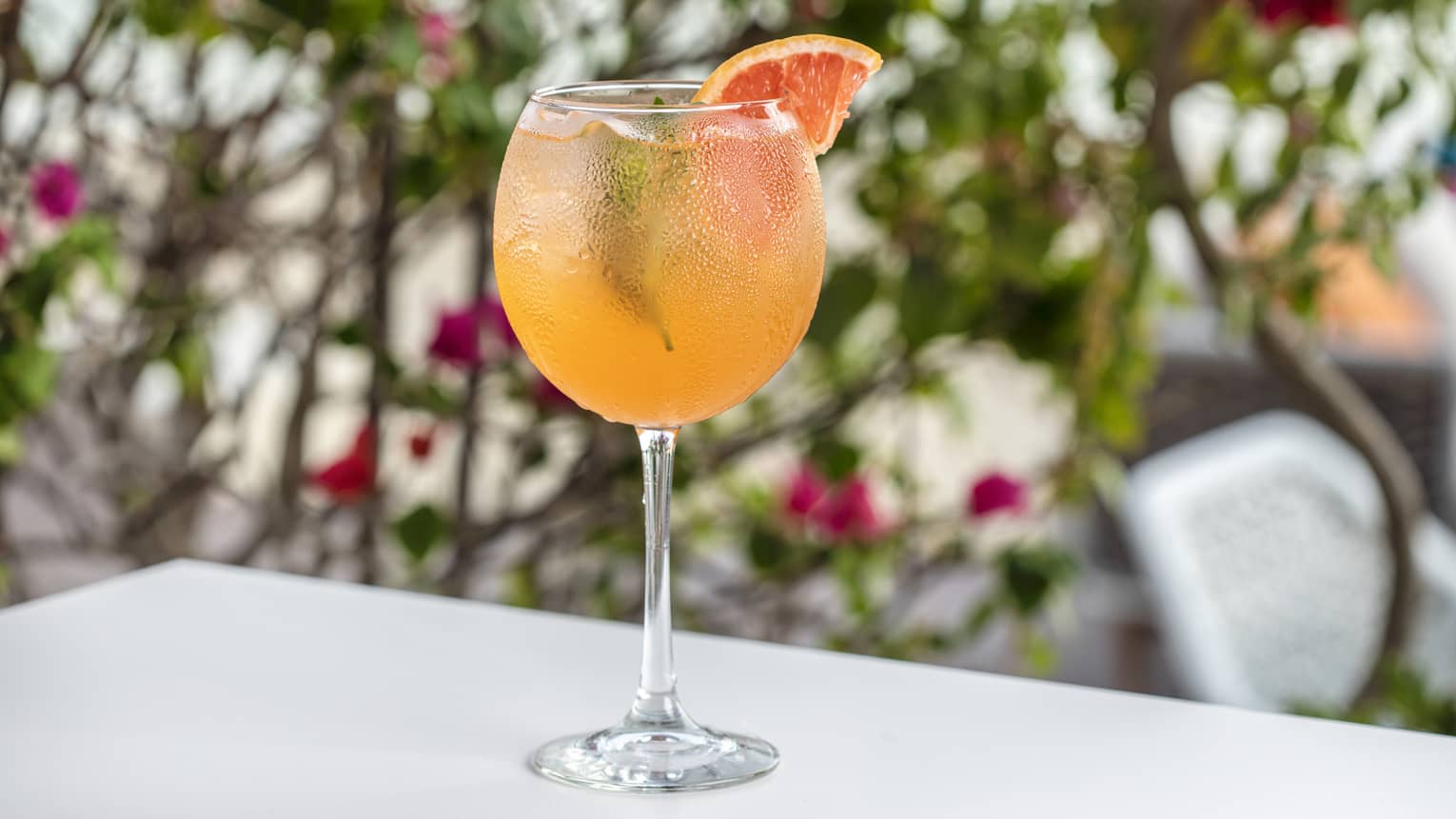 Makani Spritzer in a stemmed glass garnished with a blood orange slice