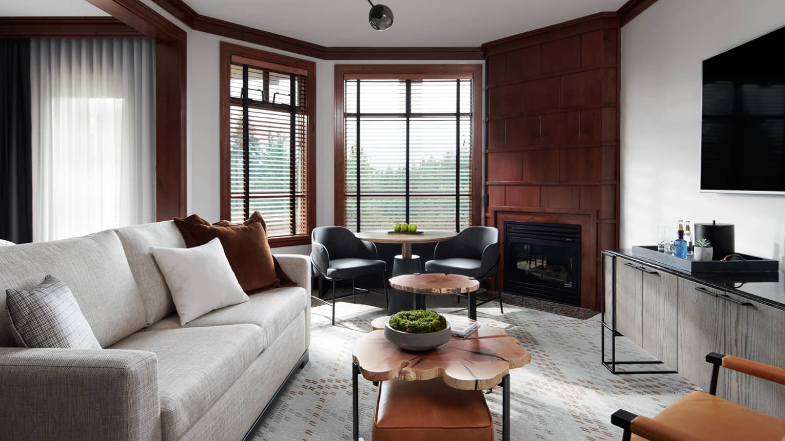 Living area with couch, coffee table and TV