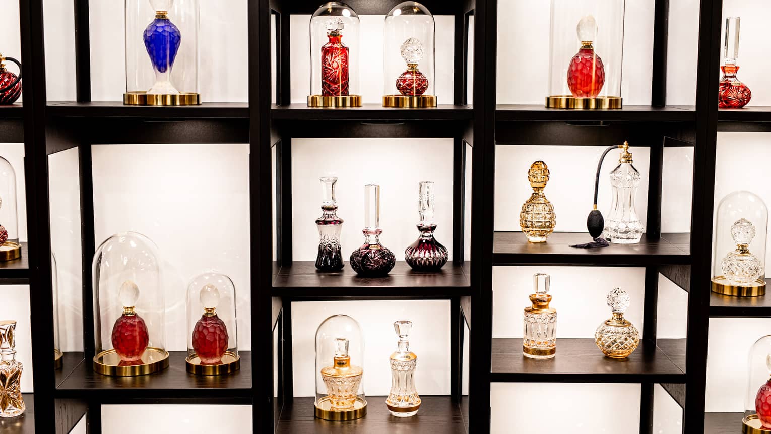 A wall of shelves filled with various ornate perfume bottles