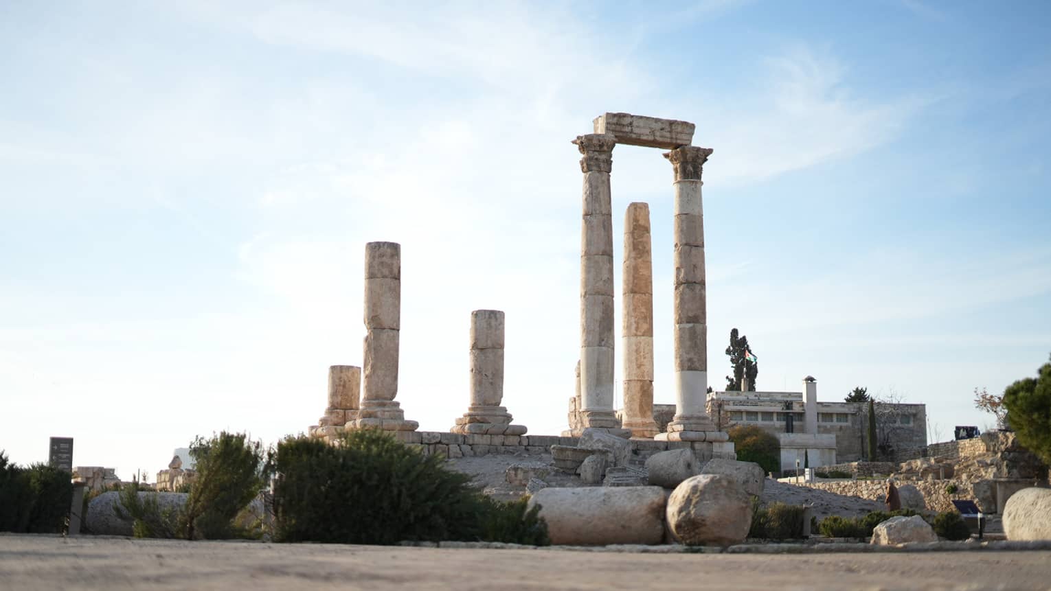 View of stone pillars at an archaeological site