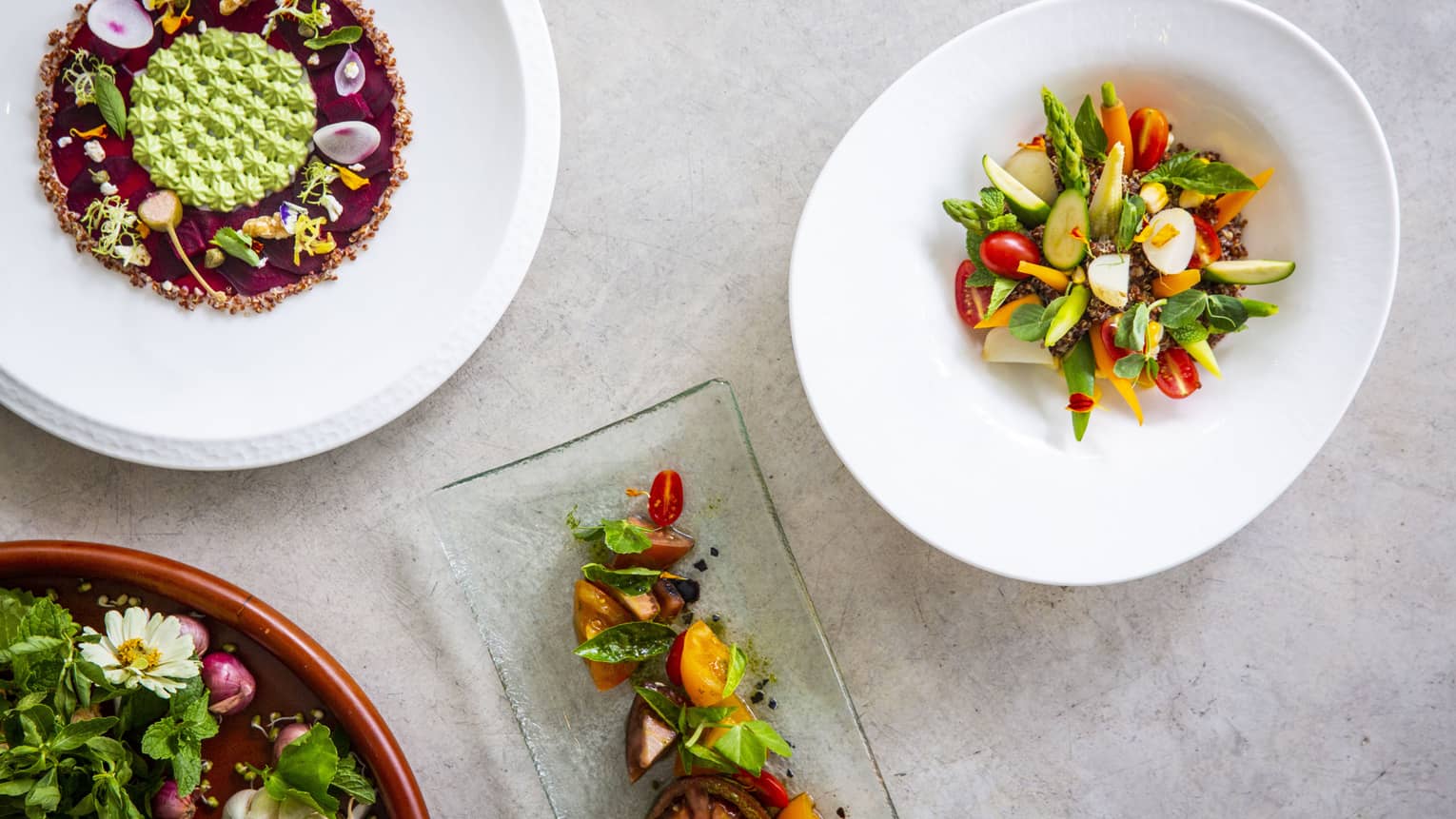 Four colourful dishes made of veggies and fruits from Cafe' Landaa