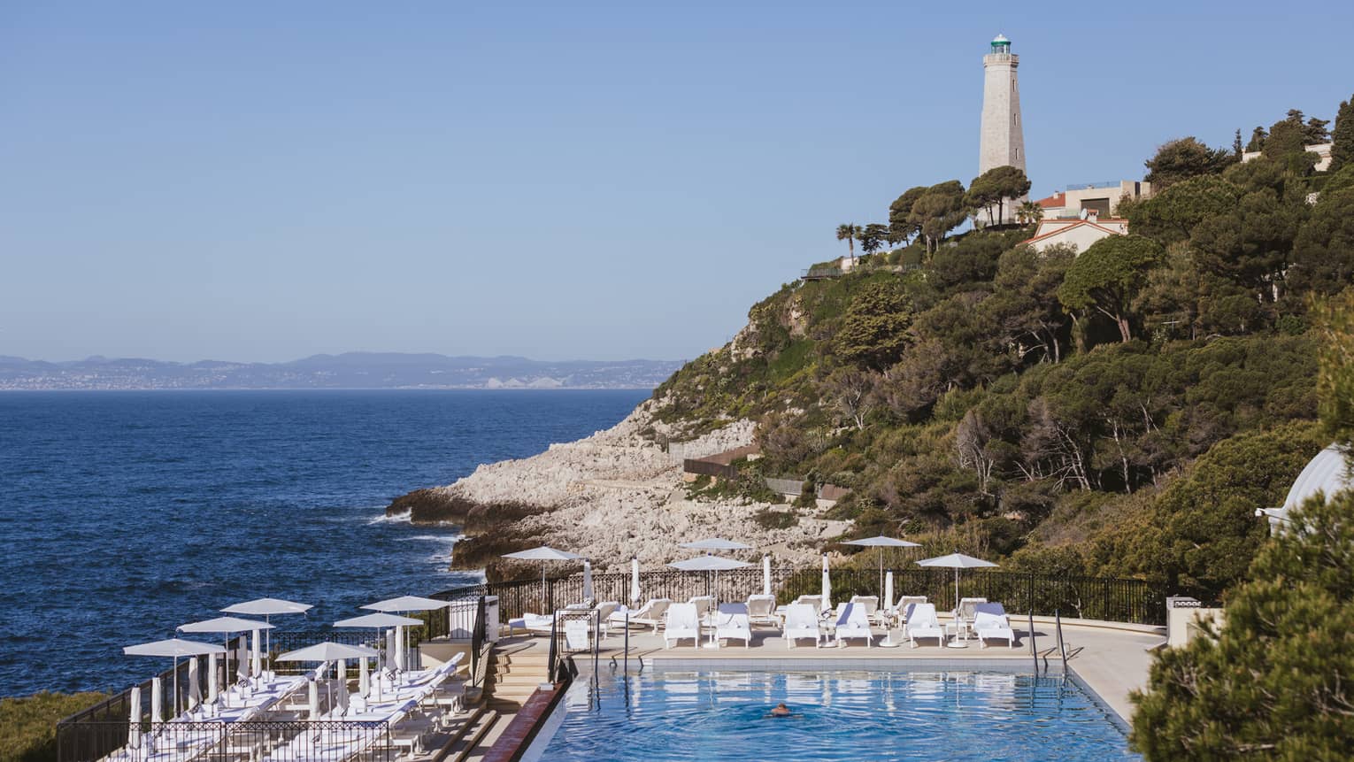 French Riviera coastal sea view from luxury hotel pool