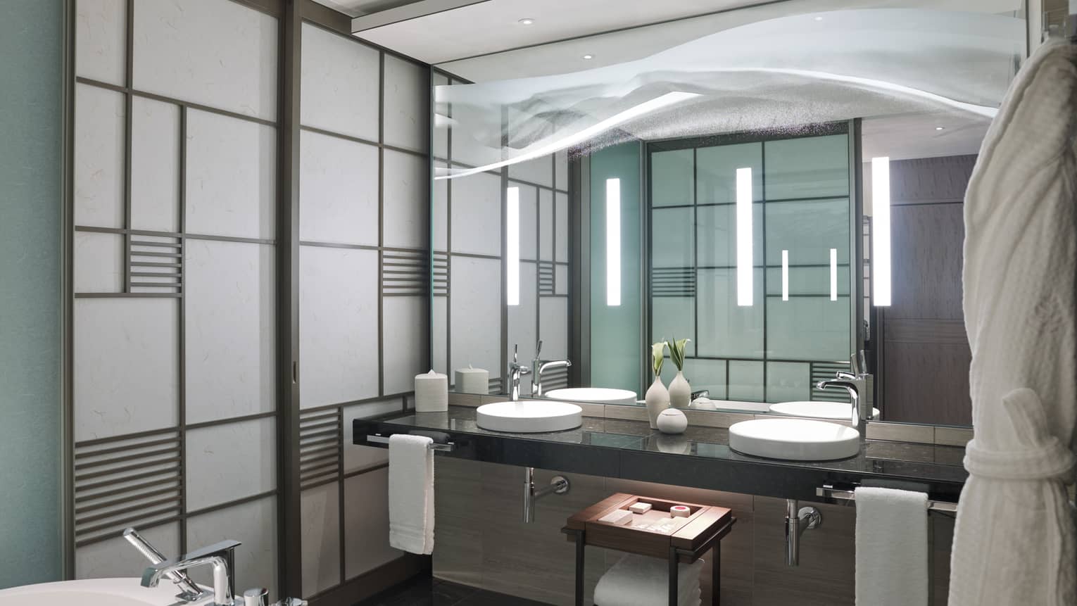 Modern bathroom with a double-sink vanity, large mirror and sleek accent lighting, featuring light-coloured panelled walls